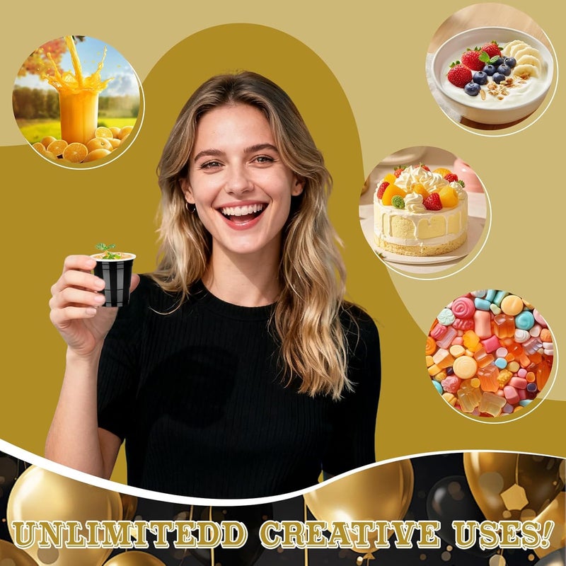 Pineburg 100Pack 2oz Disposable Shot Glasses, Black Gold Plastic Shot Cups, Mini Disposable Cups for Parties Valentine's Day Carnival Weddings Graduation Party Games & Events Supplies(Black&Gold) - Image 4
